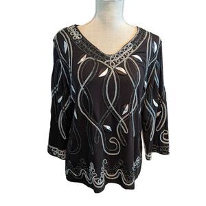 Once Again Shirt Top Blouse Women's Large Black White Embroidered V-Neck